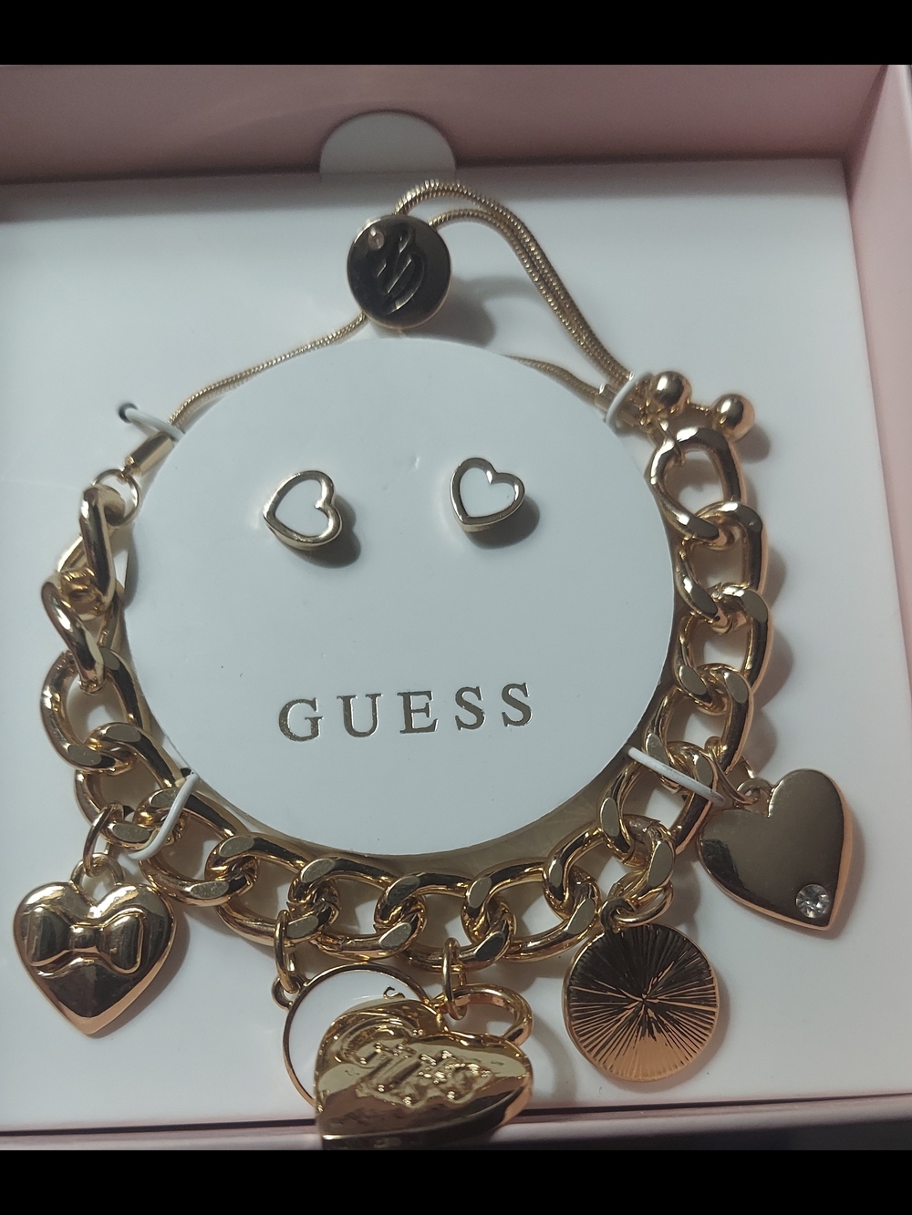GUESS Gold Heart Charm Bracelet & Heart Stud Earrings